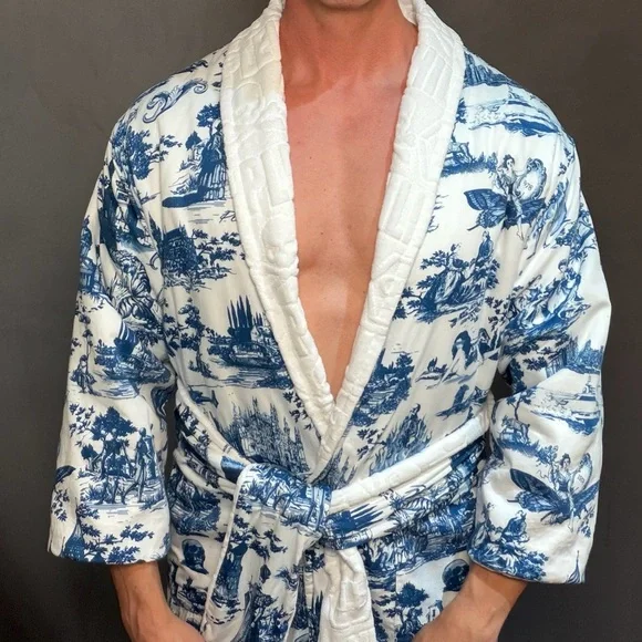 Couture Philipp Plein Bathrobe En Plein Air White Blue 100% Cotton Small Luxury - Picture 7 of 14